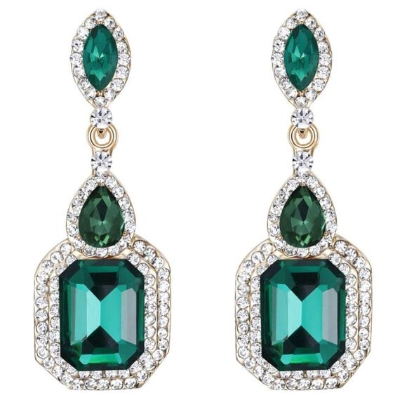 Yellow Gold with Emerald Green Austrian Crystal Chandelier Drop Clip On Earrings